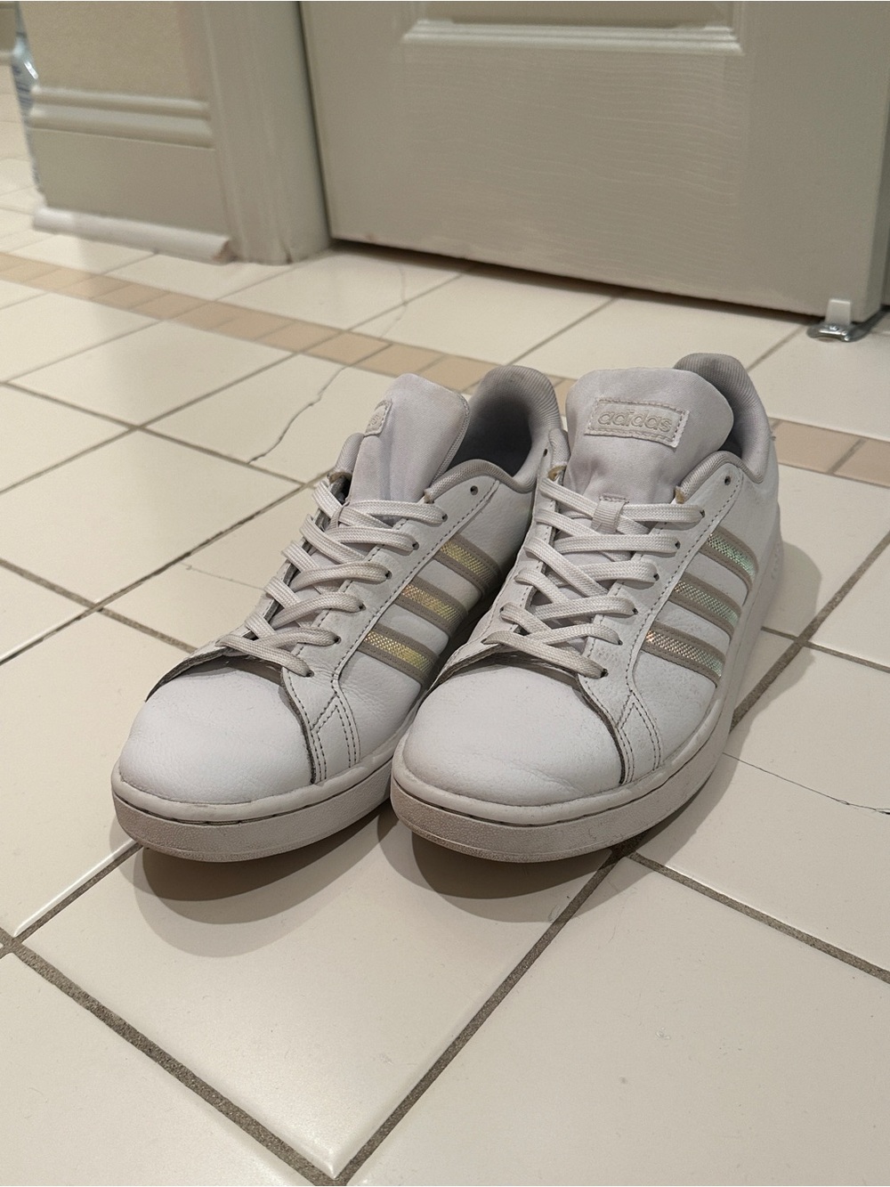 adidas Women's White Sneakers with Iridescent Three Stripes